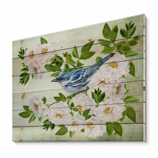 Designart - Little Blue Bird Sitting On A Branch of White Rose - Traditional Print on Natural Pine Wood